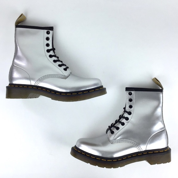 dr martens 1460 silver chrome flat ankle boots